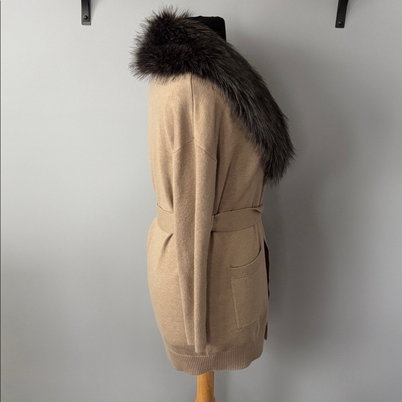 Banana Republic Tan Knit Open Cardigan Sweater with Removable Faux Fur Trim - Picture 3 of 8